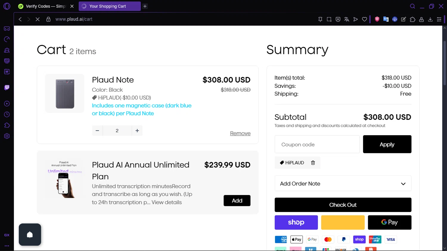 Plaud.ai promo code screenshot showing code HIPLAUD applied at Plaud.ai checkout page. Uploaded by SimplyCodes community member RewardLion134 on Dec 18, 2025