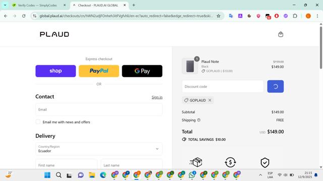 Plaud.ai  checkout page showing Plaud.ai  discount code box | Screenshot taken by SimplyCodes community member on Sep 13, 2025