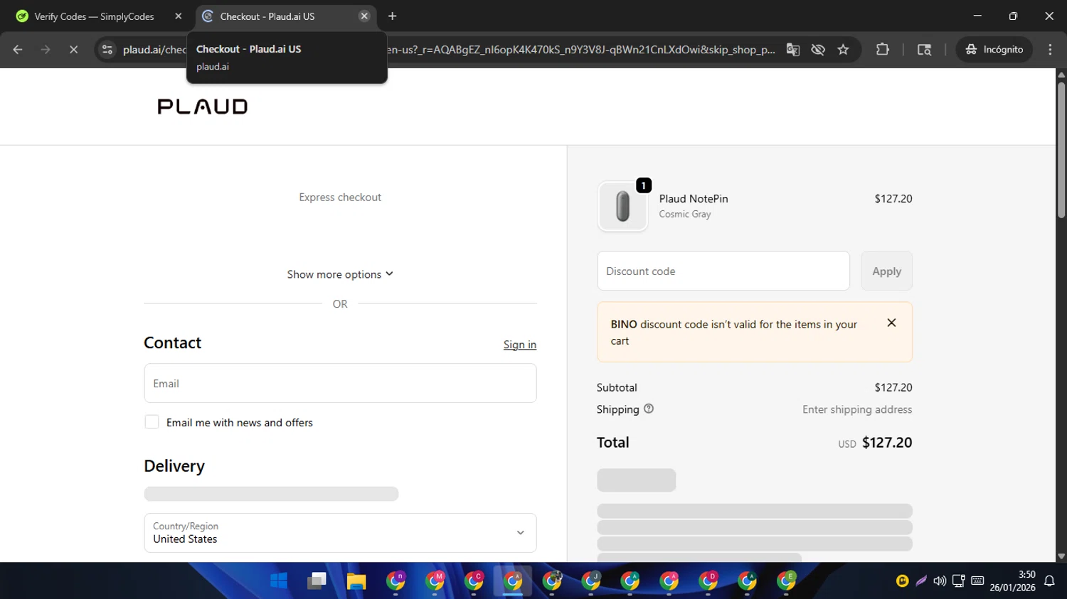 Plaud.ai promo code screenshot showing code BINO applied at Plaud.ai checkout page. Uploaded by SimplyCodes community member SwiftSage2309 on Jan 26, 2026