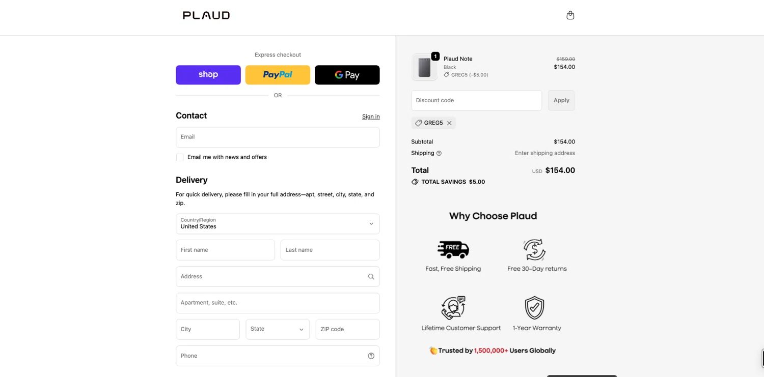 Plaud.ai promo code screenshot showing code GREG5 applied at Plaud.ai checkout page. Uploaded by SimplyCodes community member ELOIN777 on Apr 2, 2026