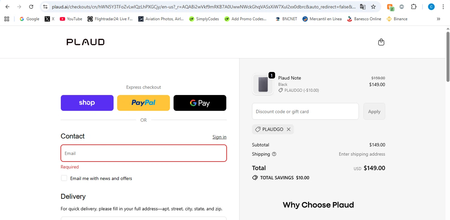 Plaud.ai promo code screenshot showing code PLAUDGO applied at Plaud.ai checkout page. Uploaded by SimplyCodes community member victor on Dec 18, 2025