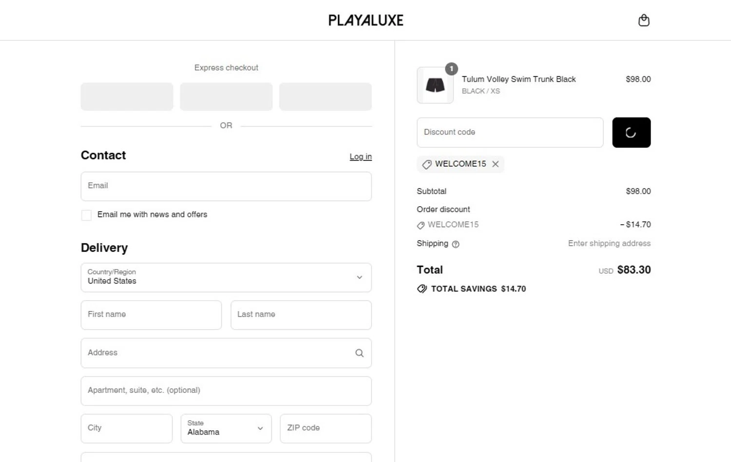 PLAYALUXE promo code screenshot showing code WELCOME15 applied at PLAYALUXE checkout page. Uploaded by SimplyCodes community member PennyHero5335 on Aug 9, 2025