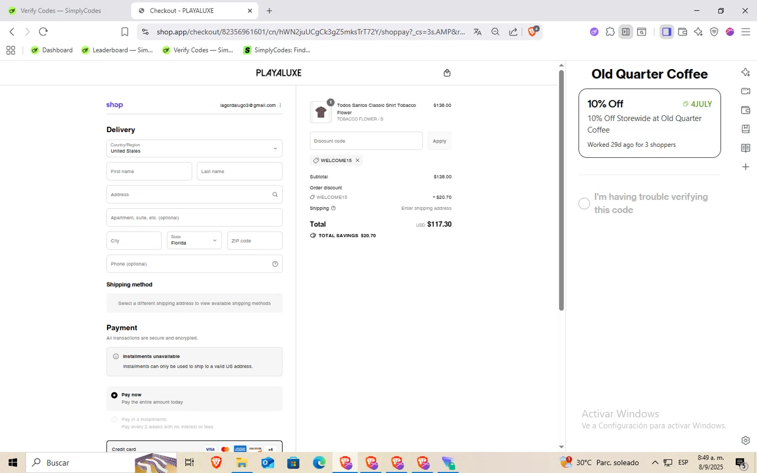 PLAYALUXE promo code screenshot showing code WELCOME15 applied at PLAYALUXE checkout page. Uploaded by SimplyCodes community member Rayyyyyy on Sep 8, 2025