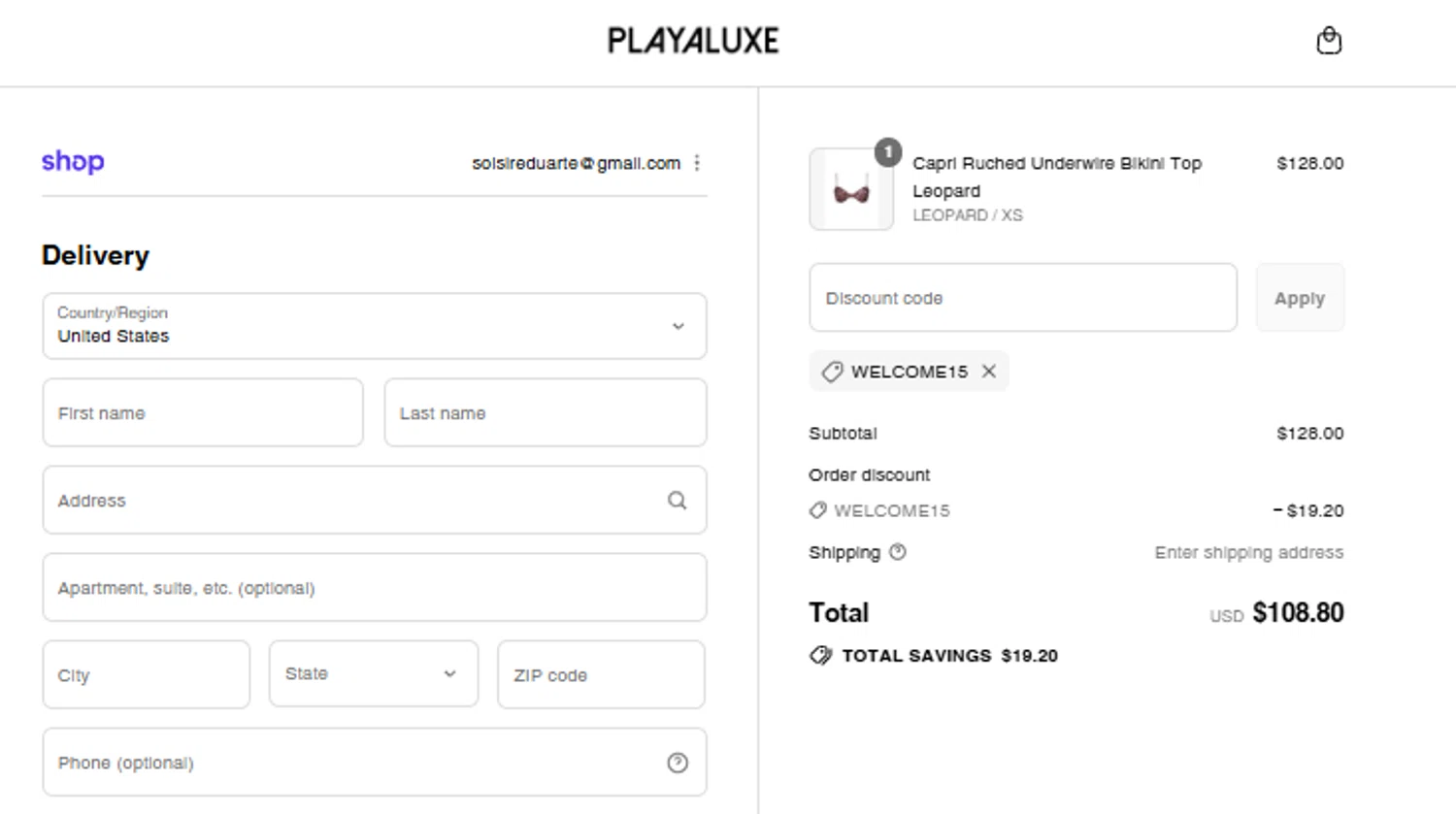 PLAYALUXE promo code screenshot showing code WELCOME15 applied at PLAYALUXE checkout page. Uploaded by SimplyCodes community member eudorasuarez on Sep 16, 2025