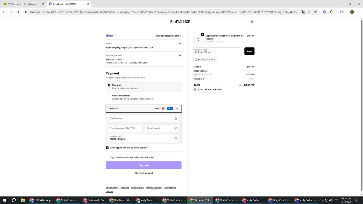PLAYALUXE promo code screenshot showing code PLAYALUXE10 applied at PLAYALUXE checkout page. Uploaded by SimplyCodes community member DUCATI on Oct 3, 2025