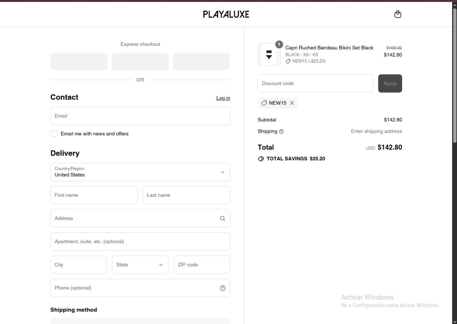 PLAYALUXE promo code screenshot showing code NEW15 applied at PLAYALUXE checkout page. Uploaded by SimplyCodes community member LegendaryCurator4133 on Aug 13, 2025