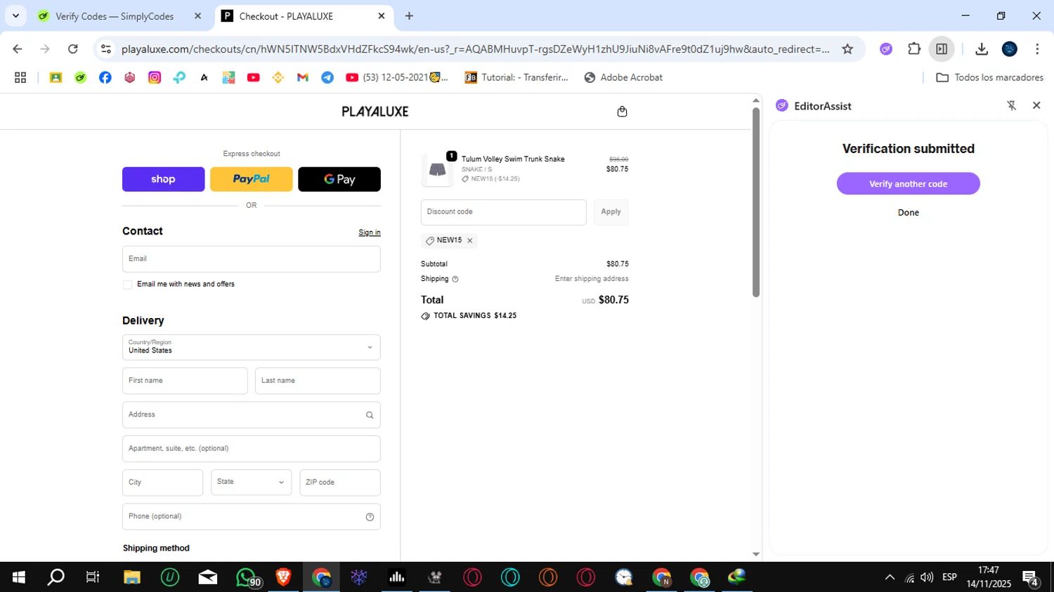 PLAYALUXE promo code screenshot showing code NEW15 applied at PLAYALUXE checkout page. Uploaded by SimplyCodes community member SunJinWoo on Nov 14, 2025