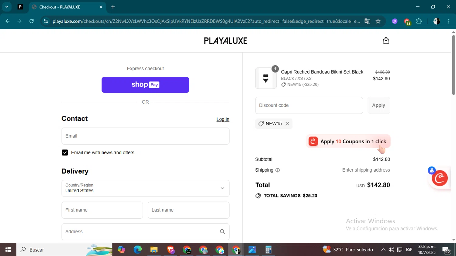 PLAYALUXE promo code screenshot showing code NEW15 applied at PLAYALUXE checkout page. Uploaded by SimplyCodes community member Estrellitacoairis on Jul 10, 2025