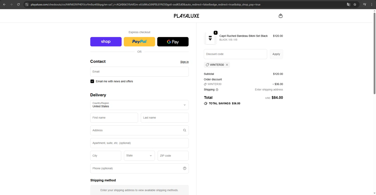 PLAYALUXE promo code screenshot showing code WINTER30 applied at PLAYALUXE checkout page. Uploaded by SimplyCodes community member MRDEAL on Dec 15, 2025