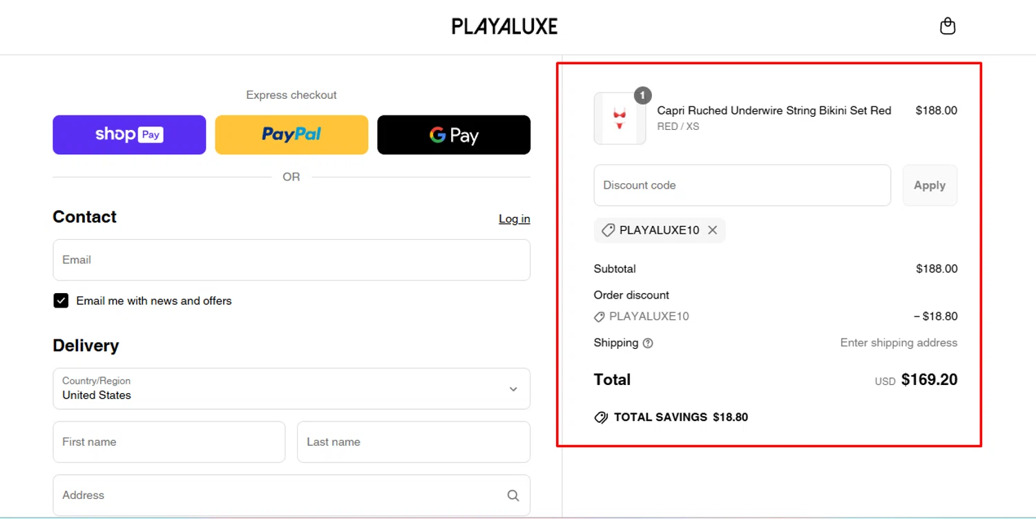 PLAYALUXE promo code screenshot showing code PLAYALUXE10 applied at PLAYALUXE checkout page. Uploaded by SimplyCodes community member Swiftdealz on Jun 7, 2025