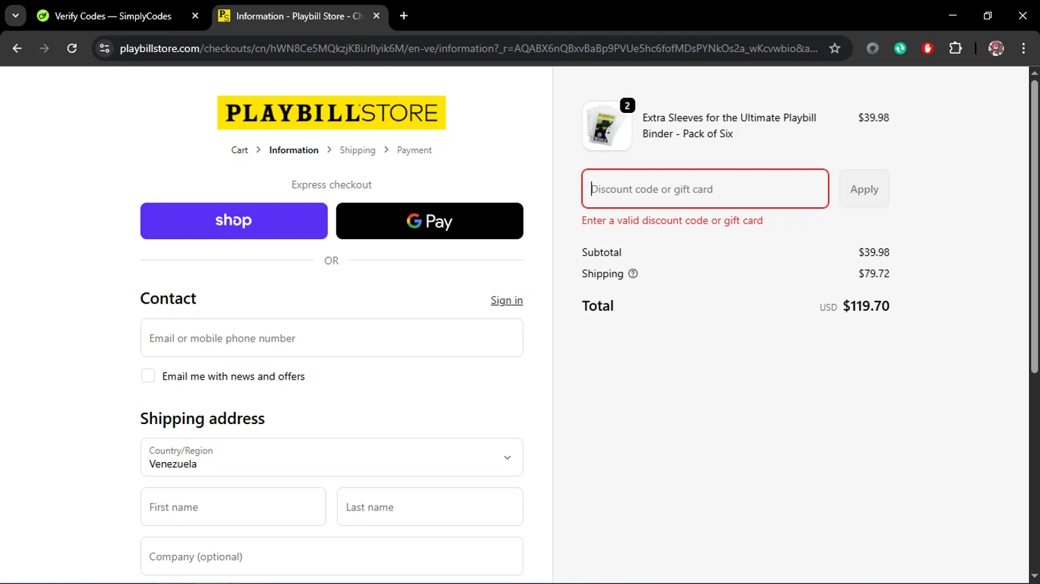 Playbill Store promo code screenshot showing code PBBOGO applied at Playbill Store checkout page. Uploaded by SimplyCodes community member Juliet on Jan 30, 2026