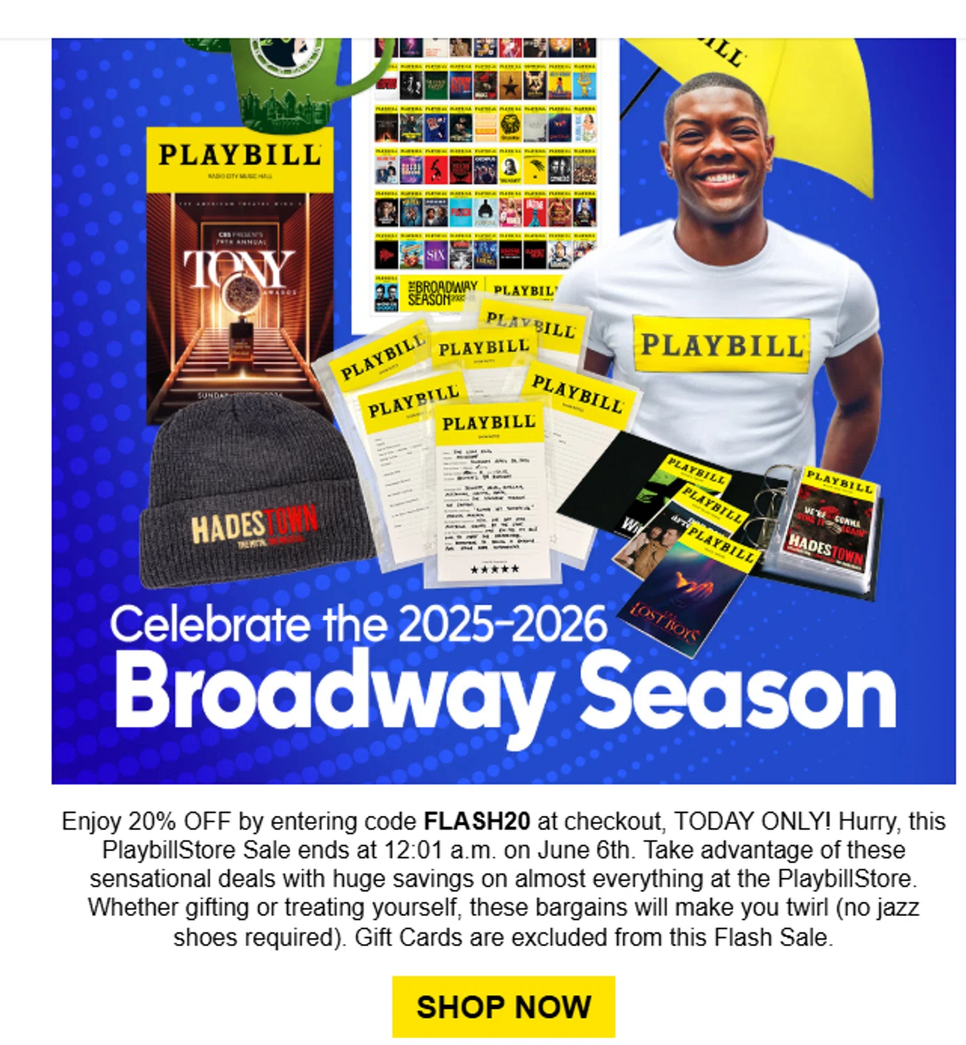 Playbill Store promo code screenshot showing code flash20 applied at Playbill Store checkout page. Uploaded by SimplyCodes community member valeriaantonieta on Jun 5, 2026