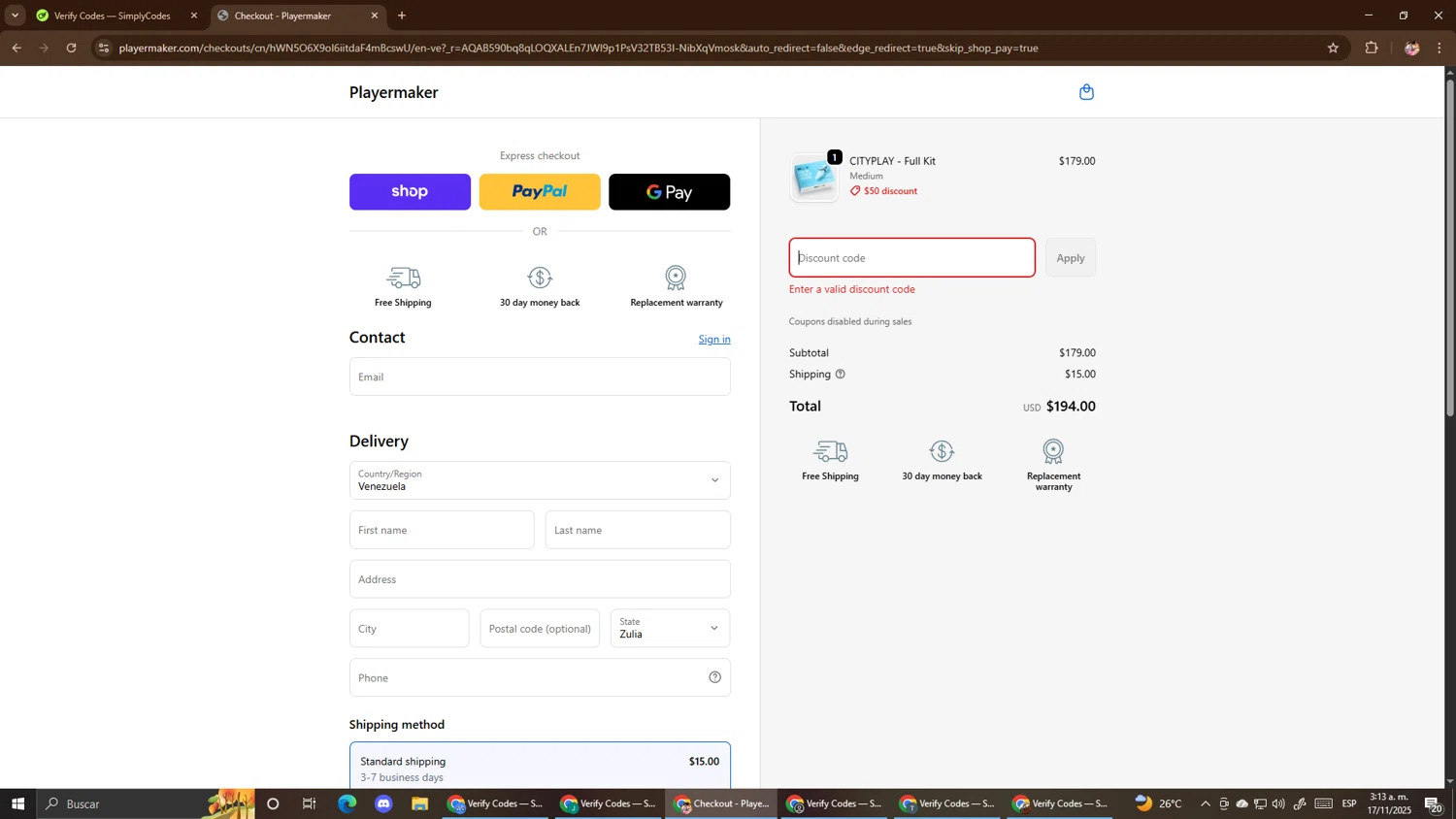 Playermaker promo code screenshot showing code SIMPLYCODES applied at Playermaker checkout page. Uploaded by SimplyCodes community member El_mynor on Nov 17, 2025