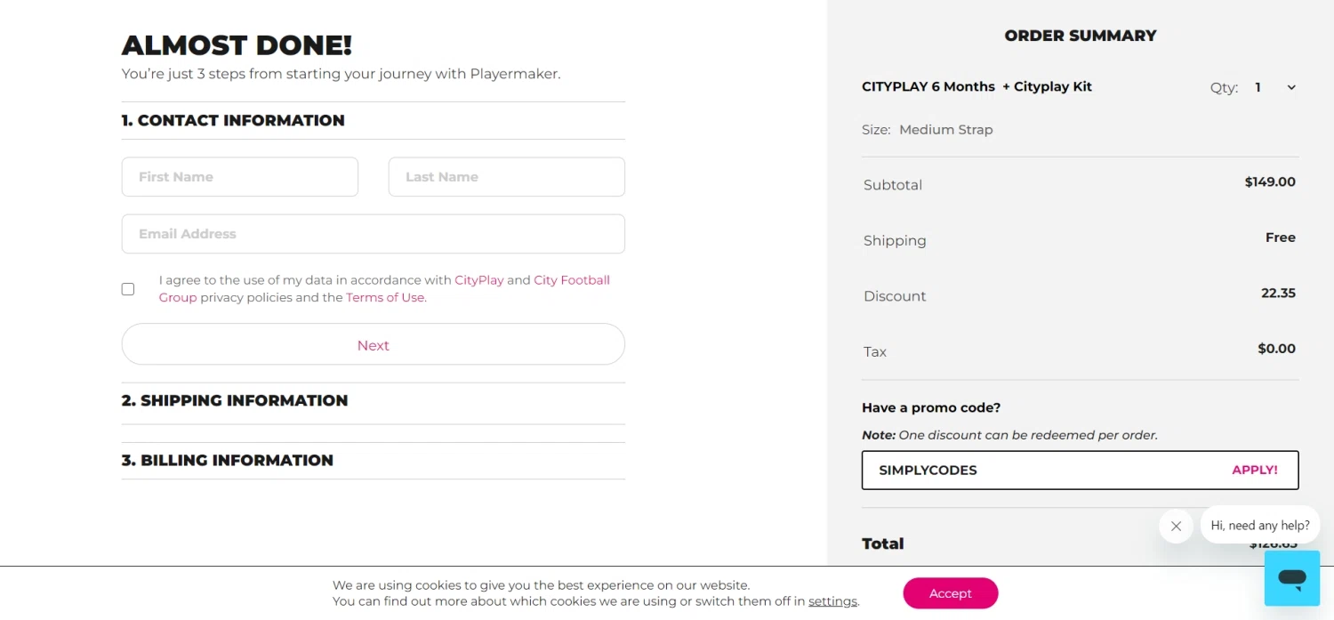 Playermaker checkout page showing Playermaker promo code box | Screenshot taken by SimplyCodes community member on Mar 30, 2023