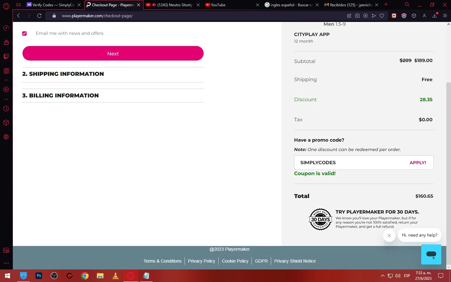 Playermaker checkout page showing Playermaker promo code box | Screenshot taken by SimplyCodes community member on Jun 27, 2023