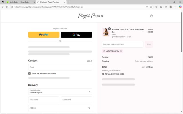 Playful Promises checkout page showing Playful Promises discount code box | Screenshot taken by SimplyCodes community member on Sep 3, 2025