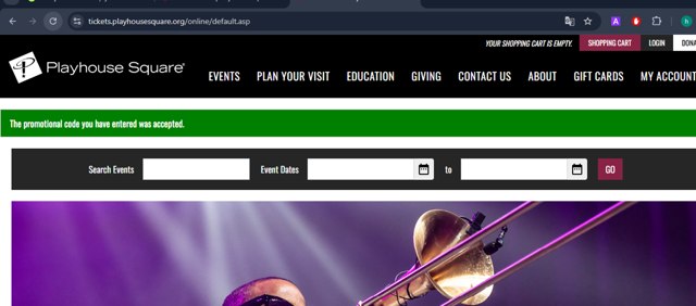 Playhouse Square checkout page showing Playhouse Square promo code box | Screenshot taken by SimplyCodes community member on Apr 30, 2025