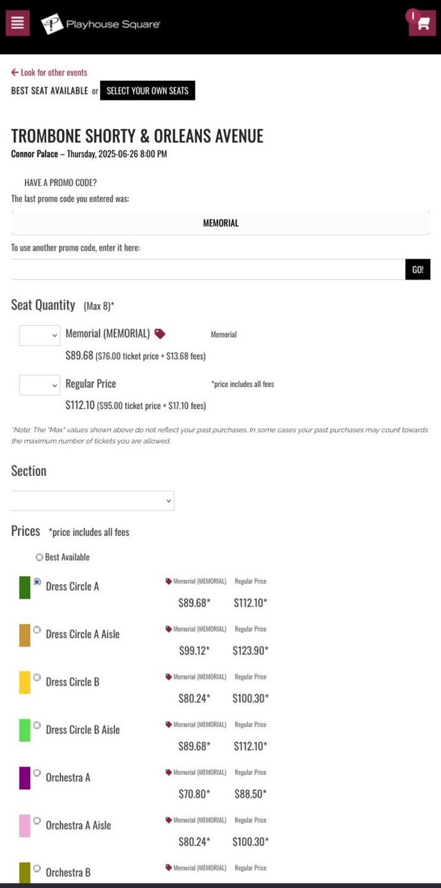 Playhouse Square checkout page showing Playhouse Square promo code box | Screenshot taken by SimplyCodes community member on May 26, 2025