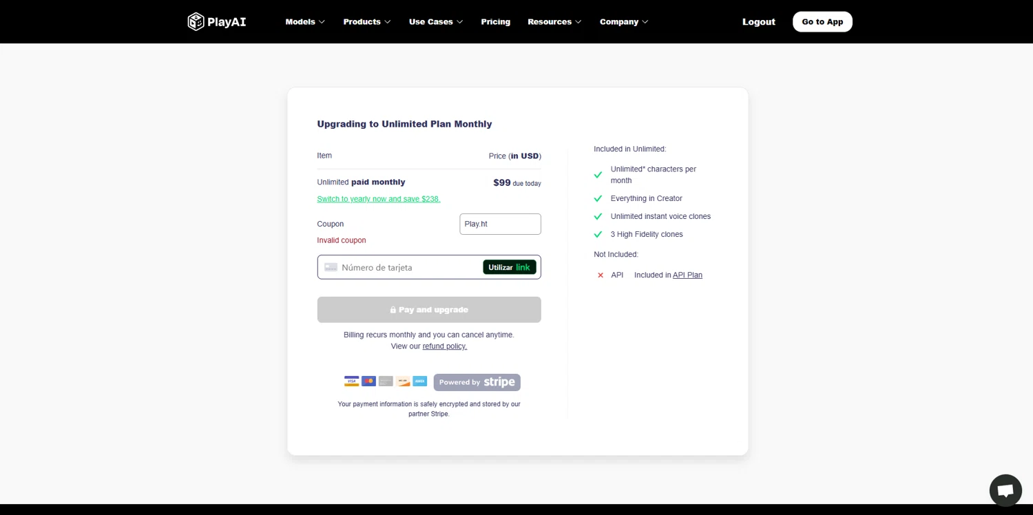 Play.ht coupon code screenshot showing code Play.ht applied at Play.ht checkout page. Uploaded by SimplyCodes community member BrilliantVoyager5752 on Mar 30, 2025