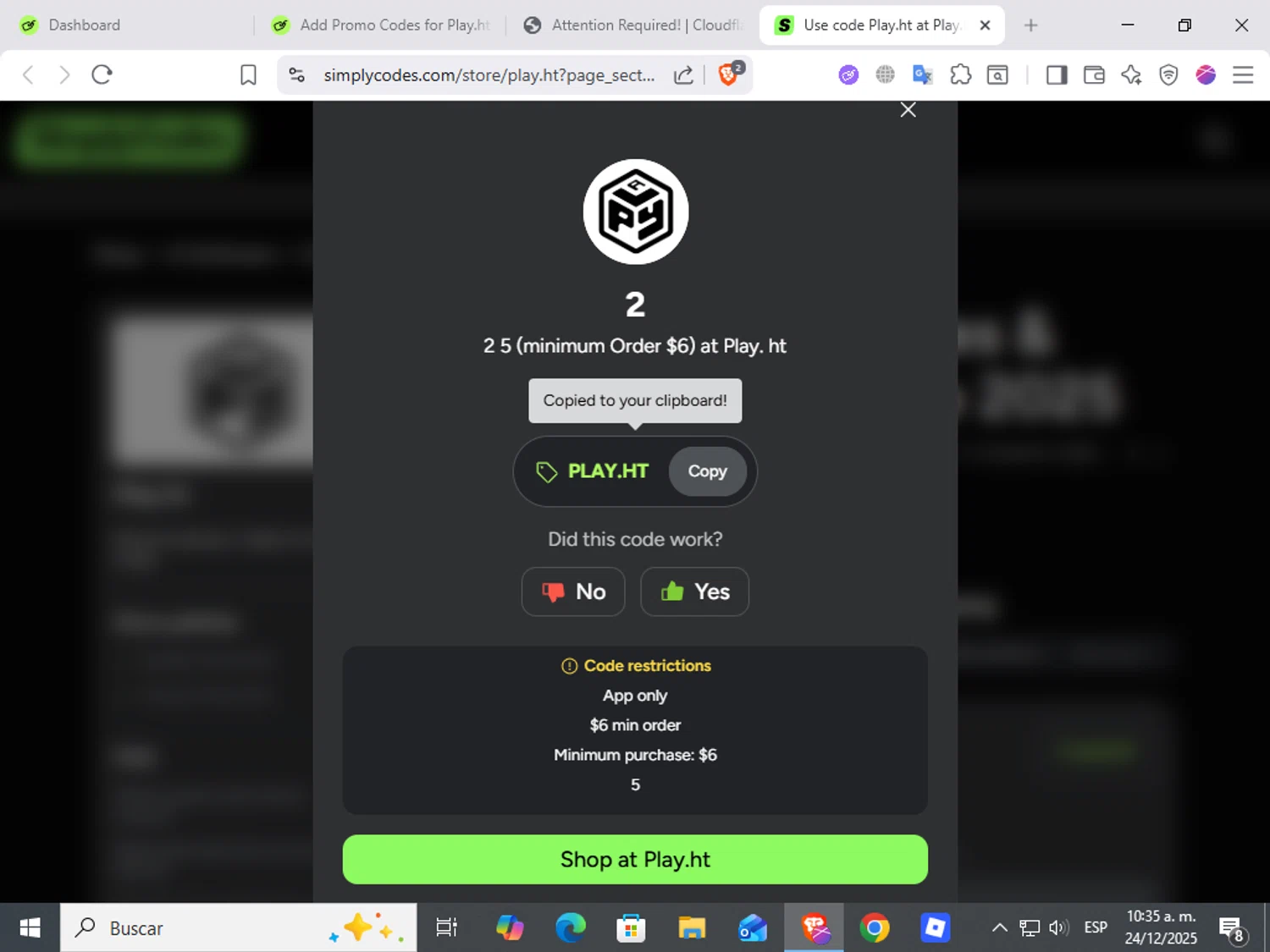 Play.ht coupon code screenshot showing code Play.ht applied at Play.ht checkout page. Uploaded by SimplyCodes community member ScanWarden9985 on Dec 24, 2025