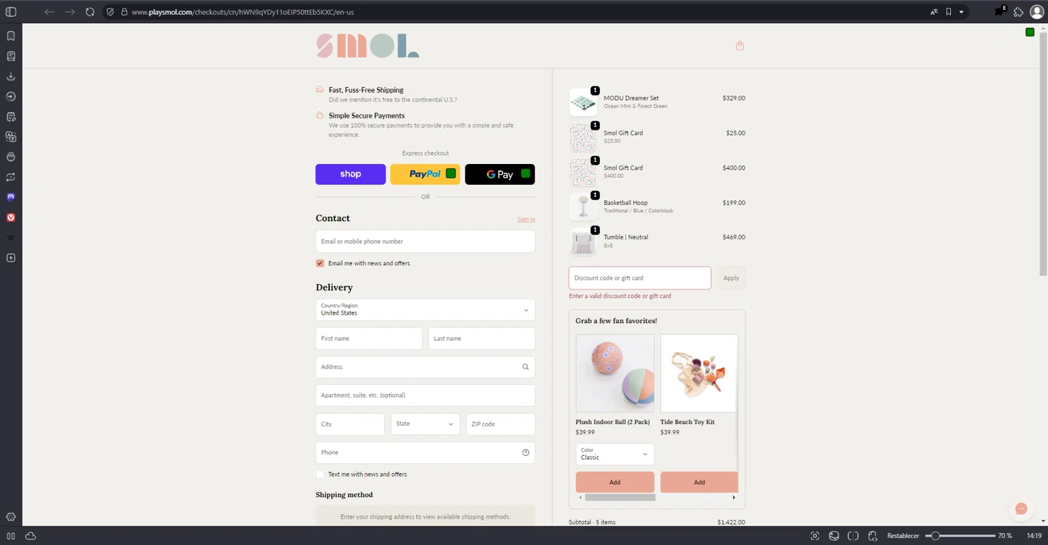 Smol US promo code screenshot showing code sunny applied at Smol US checkout page. Uploaded by SimplyCodes community member WiseWhiz3838 on Mar 14, 2026