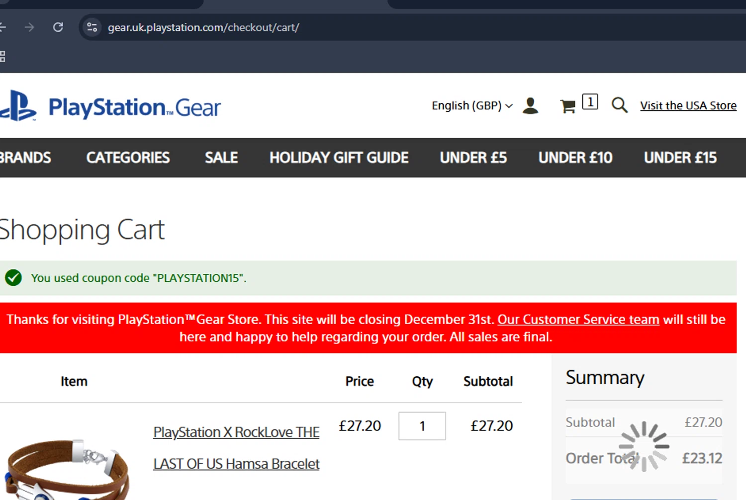 Playstation discount code screenshot showing code PLAYSTATION15 applied at Playstation checkout page. Uploaded by SimplyCodes community member DiscountHero6788 on Dec 3, 2025