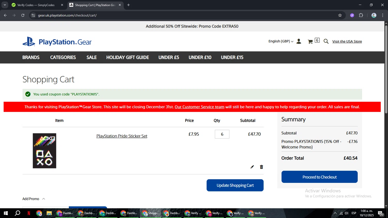 Playstation discount code screenshot showing code PLAYSTATION15 applied at Playstation checkout page. Uploaded by SimplyCodes community member ShrewdSeeker6165 on Dec 10, 2025