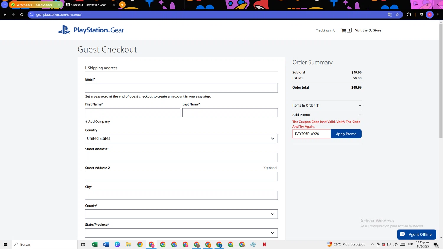 Playstation discount code screenshot showing code DAYSOFPLAY24 applied at Playstation checkout page. Uploaded by SimplyCodes community member TokenSleuth5758 on Feb 15, 2025