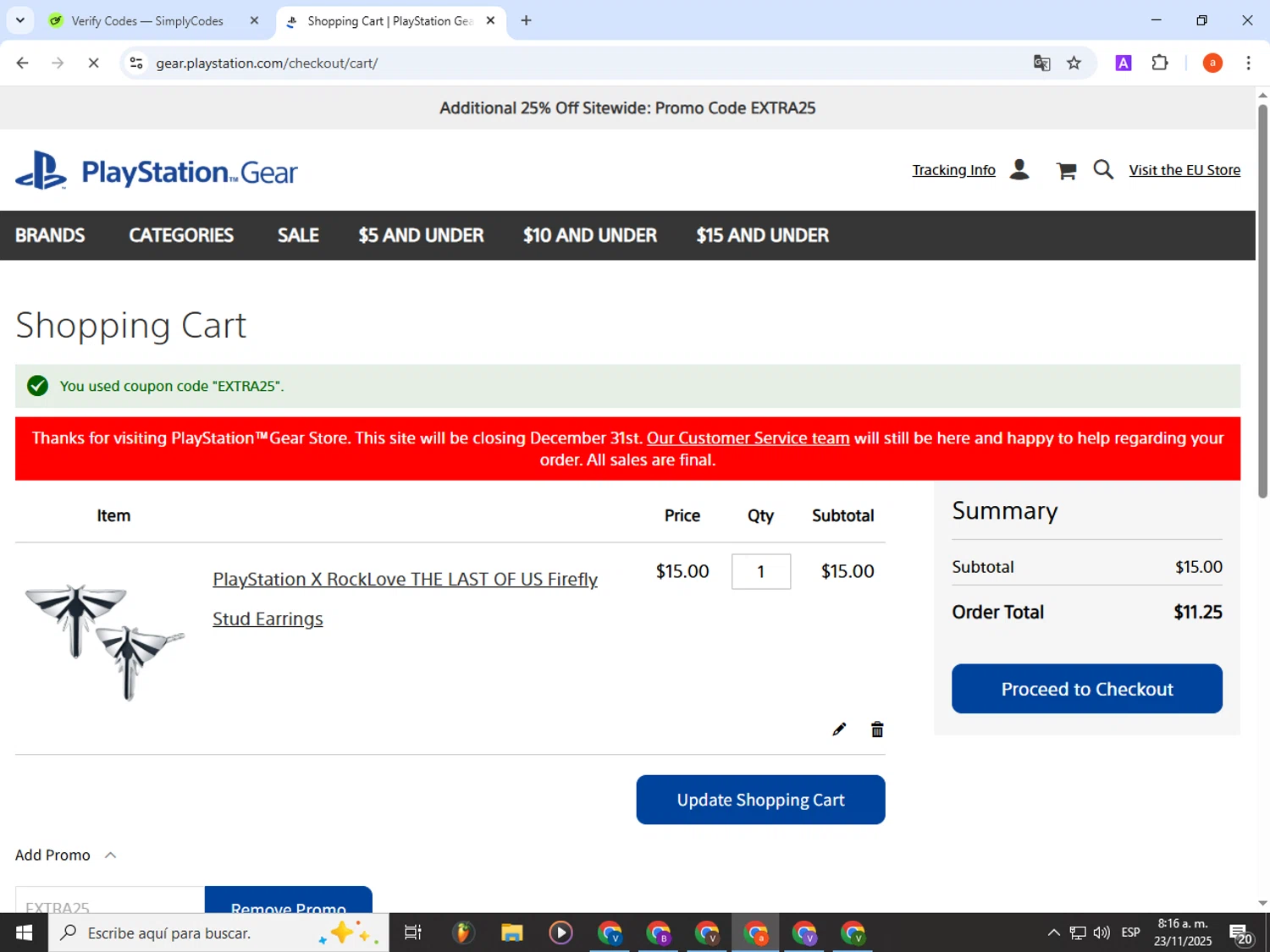 Playstation discount code screenshot showing code EXTRA25 applied at Playstation checkout page. Uploaded by SimplyCodes community member partenalgas on Nov 23, 2025