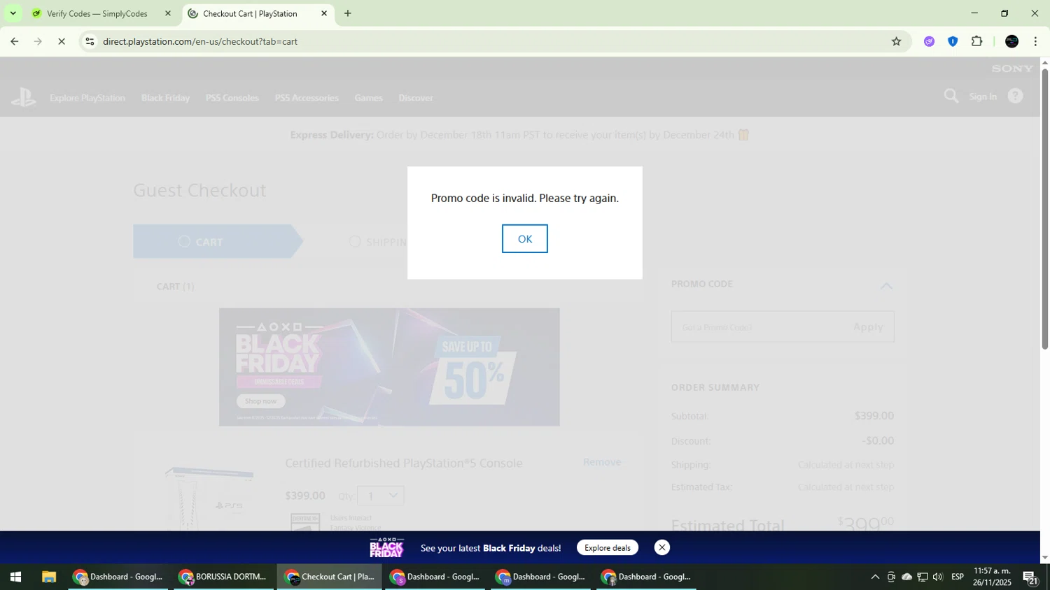 Playstation discount code screenshot showing code DIEGGSLSHSHS applied at Playstation checkout page. Uploaded by SimplyCodes community member CarmenVGR on Nov 26, 2025