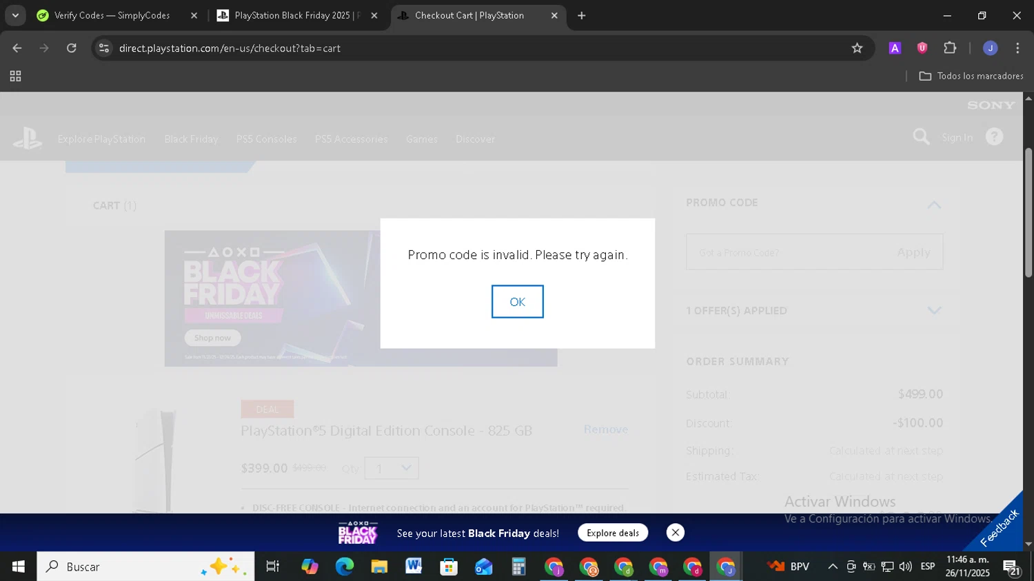 Playstation discount code screenshot showing code DIEGGSLSHSHS applied at Playstation checkout page. Uploaded by SimplyCodes community member EpicSage3474 on Nov 26, 2025