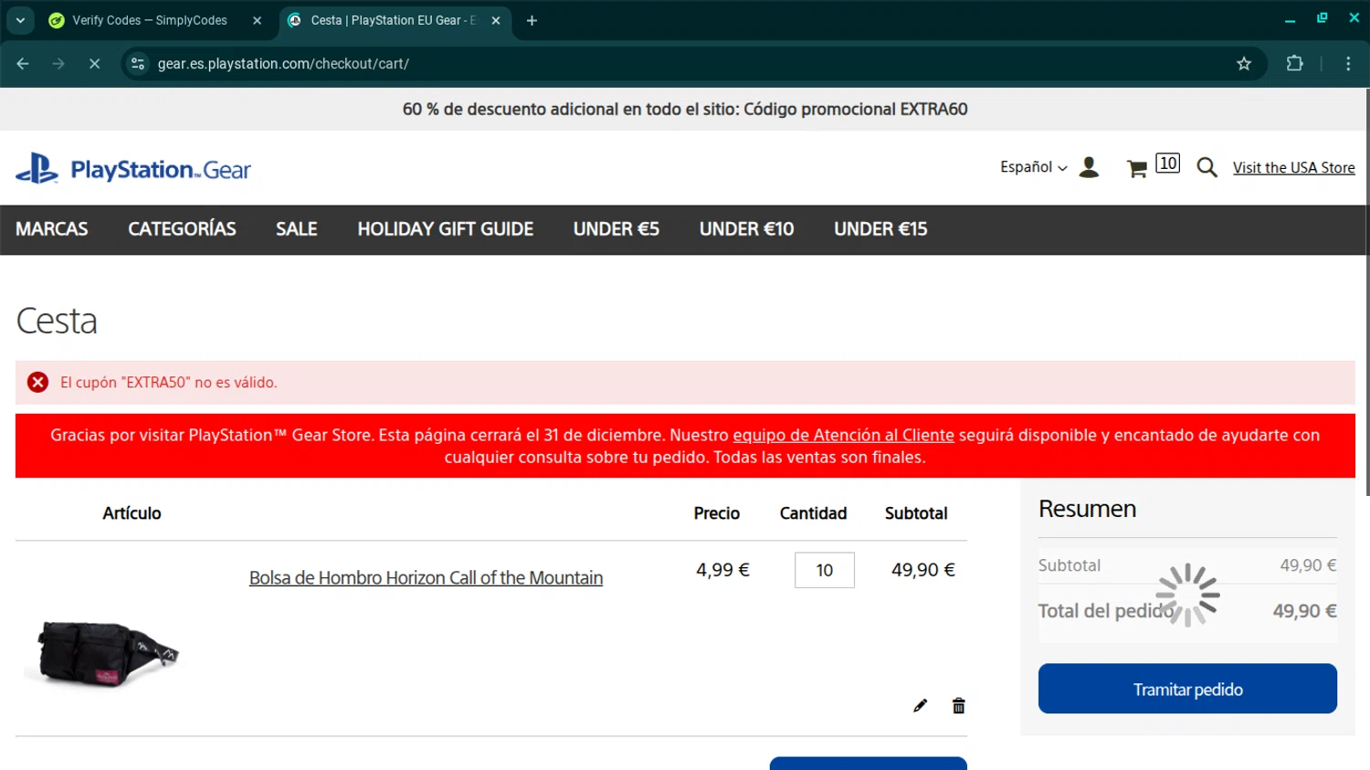 Playstation discount code screenshot showing code EXTRA50 applied at Playstation checkout page. Uploaded by SimplyCodes community member SwiftSage2309 on Dec 16, 2025