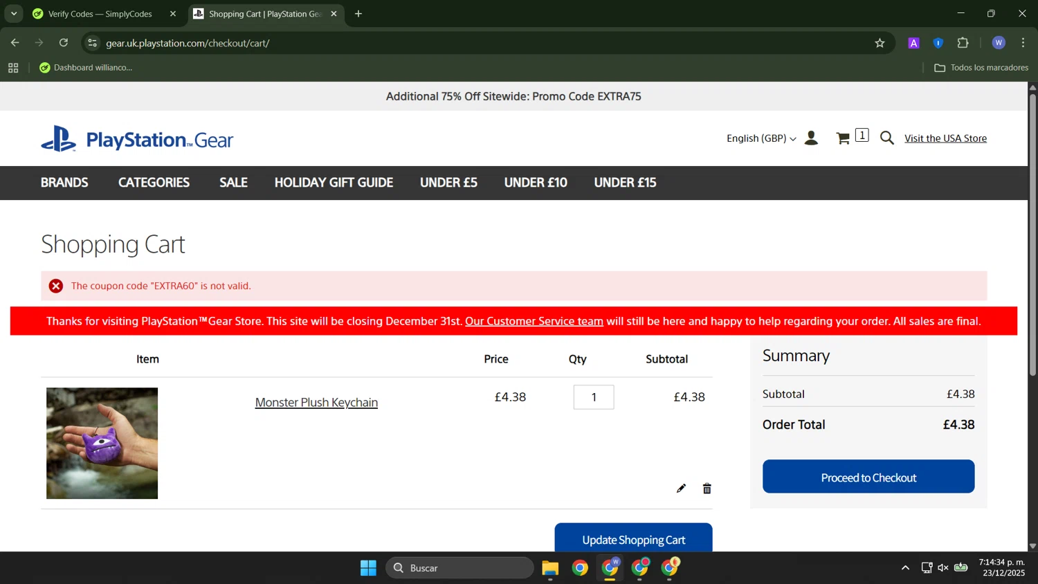 Playstation discount code screenshot showing code EXTRA60 applied at Playstation checkout page. Uploaded by SimplyCodes community member ThriftyTracker446 on Dec 23, 2025
