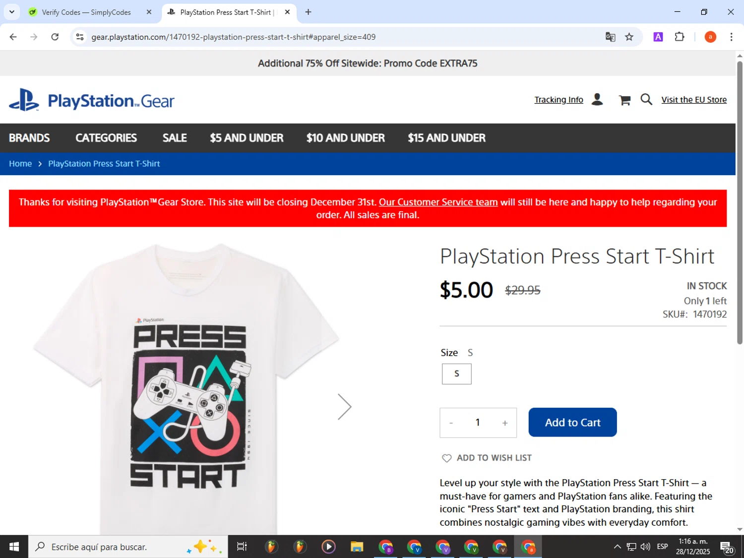 Playstation discount code screenshot showing code EXTRA75 applied at Playstation checkout page. Uploaded by SimplyCodes community member partenalgas on Dec 28, 2025