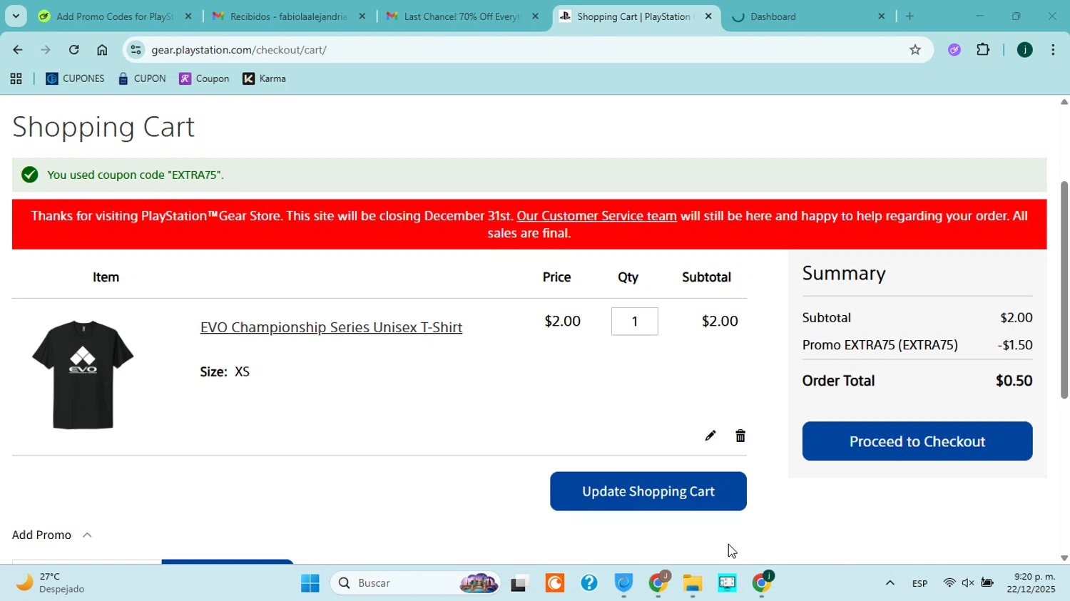 Playstation discount code screenshot showing code EXTRA75 applied at Playstation checkout page. Uploaded by SimplyCodes community member jorgejavierherrera on Dec 23, 2025