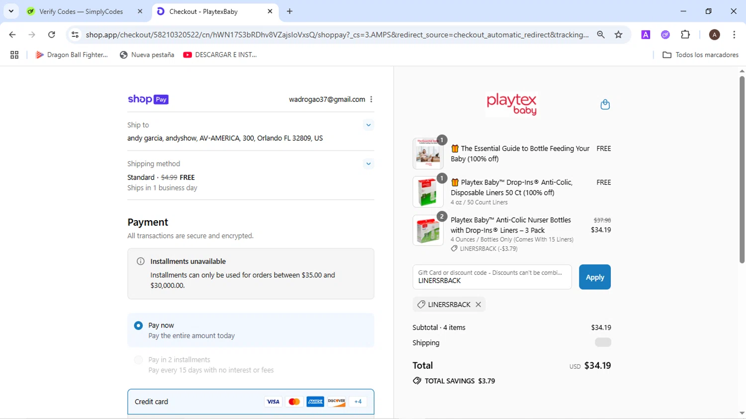 Playtex promo code screenshot showing code LINERSRBACK applied at Playtex checkout page. Uploaded by SimplyCodes community member BudgetMaven6078 on Jul 27, 2025