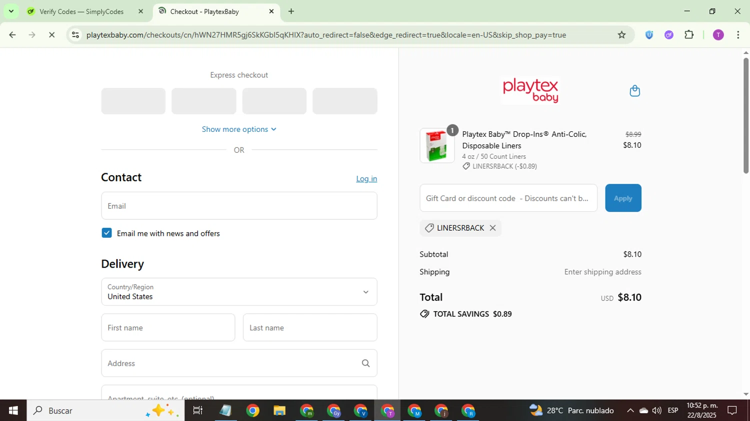 Playtex promo code screenshot showing code LINERSRBACK applied at Playtex checkout page. Uploaded by SimplyCodes community member ThriftyCurator4085 on Aug 23, 2025