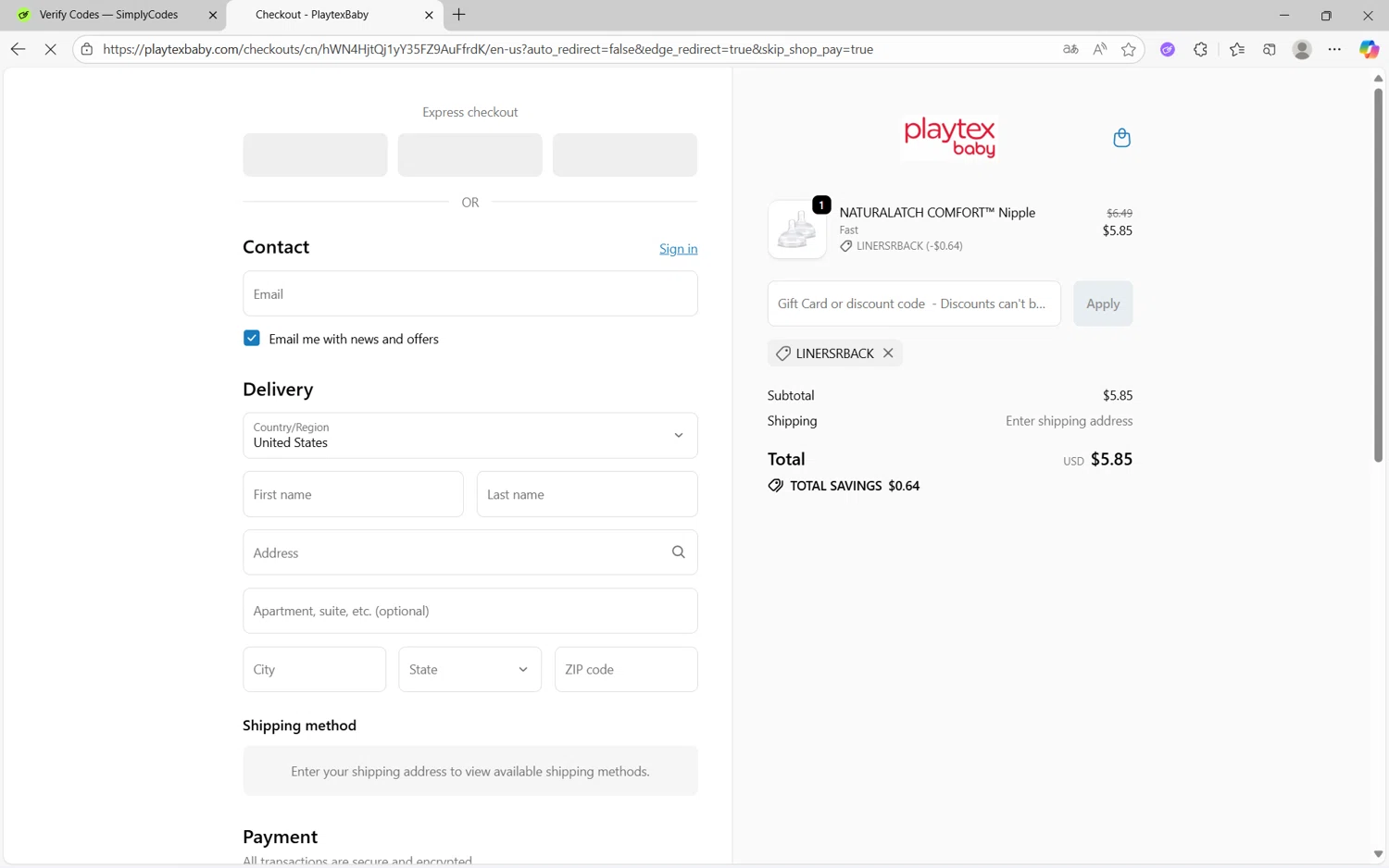 Playtex promo code screenshot showing code LINERSRBACK applied at Playtex checkout page. Uploaded by SimplyCodes community member frijolito on Oct 19, 2025