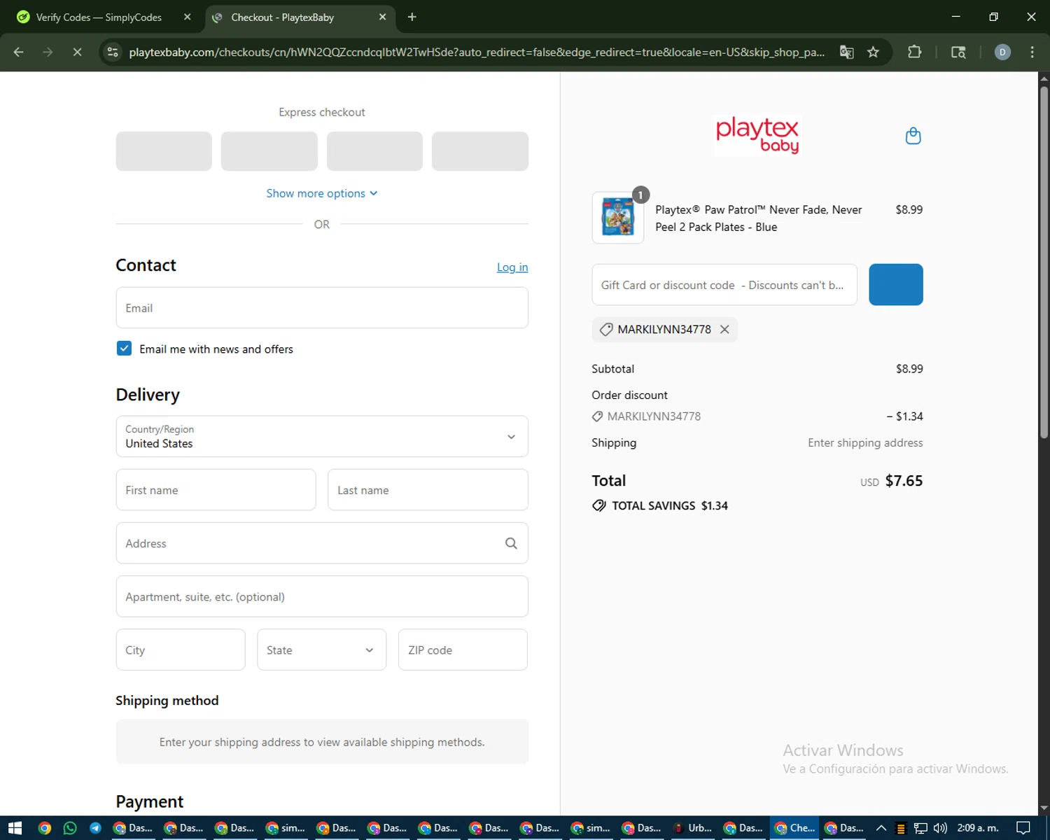 Playtex promo code screenshot showing code MARKILYNN34778 applied at Playtex checkout page. Uploaded by SimplyCodes community member CleverCurator2558 on Aug 31, 2025