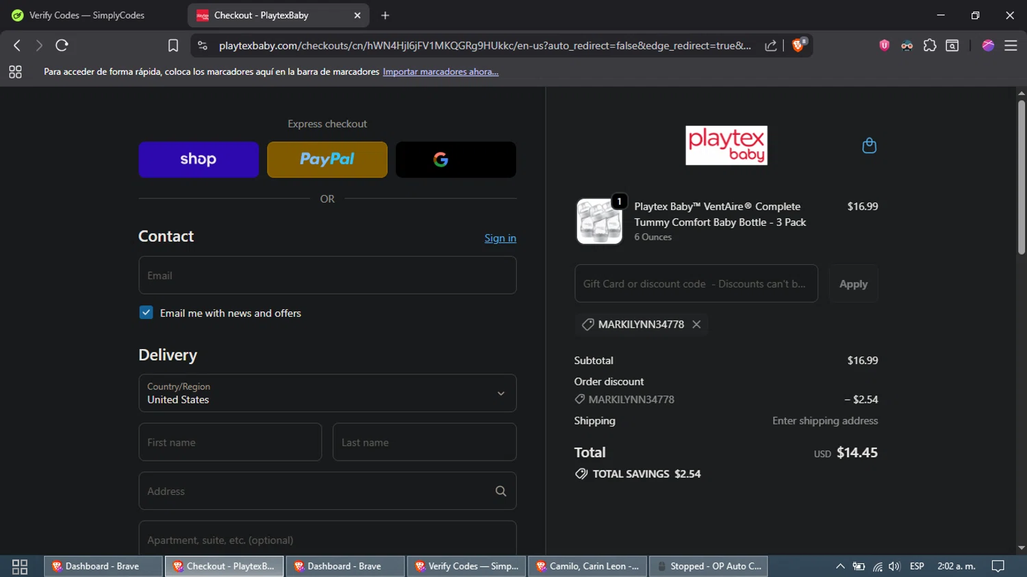 Playtex promo code screenshot showing code MARKILYNN34778 applied at Playtex checkout page. Uploaded by SimplyCodes community member DazzLL on Oct 19, 2025