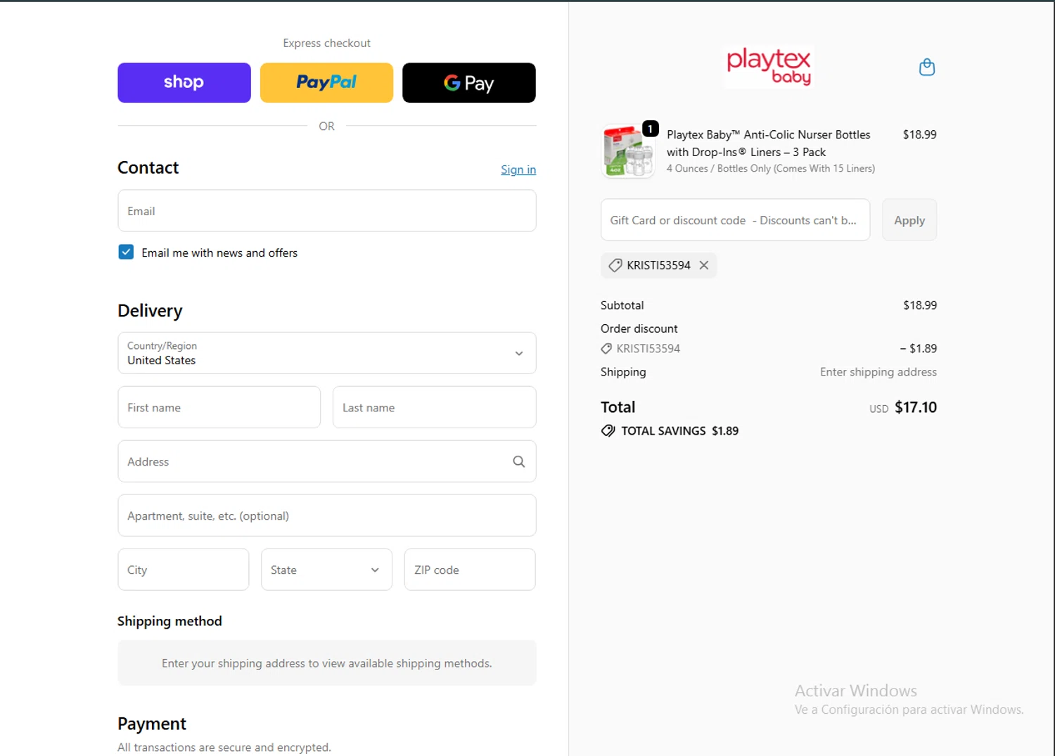 Playtex promo code screenshot showing code KRISTI53594 applied at Playtex checkout page. Uploaded by SimplyCodes community member BrilliantGenius7871 on Nov 15, 2025