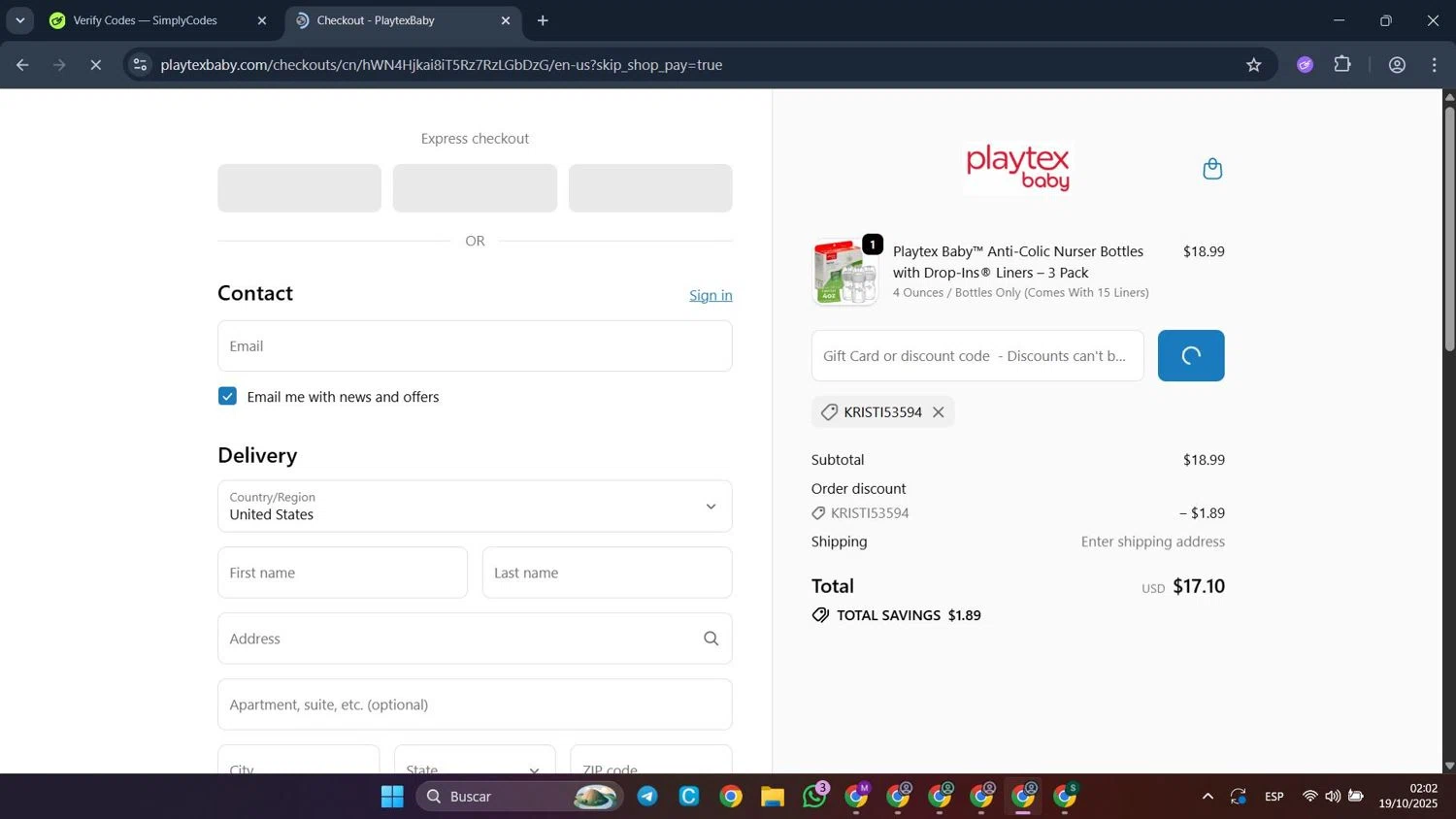 Playtex promo code screenshot showing code KRISTI53594 applied at Playtex checkout page. Uploaded by SimplyCodes community member CleverFalcon6244 on Oct 19, 2025