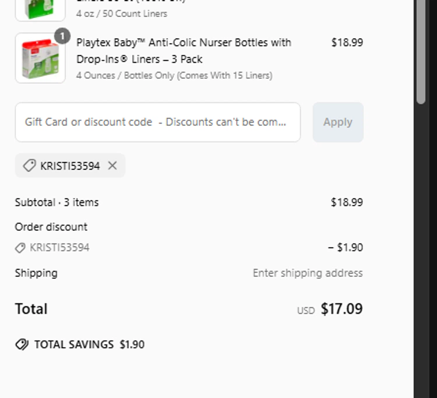 Playtex promo code screenshot showing code KRISTI53594 applied at Playtex checkout page. Uploaded by SimplyCodes community member gaaaaaaara on Jun 22, 2025