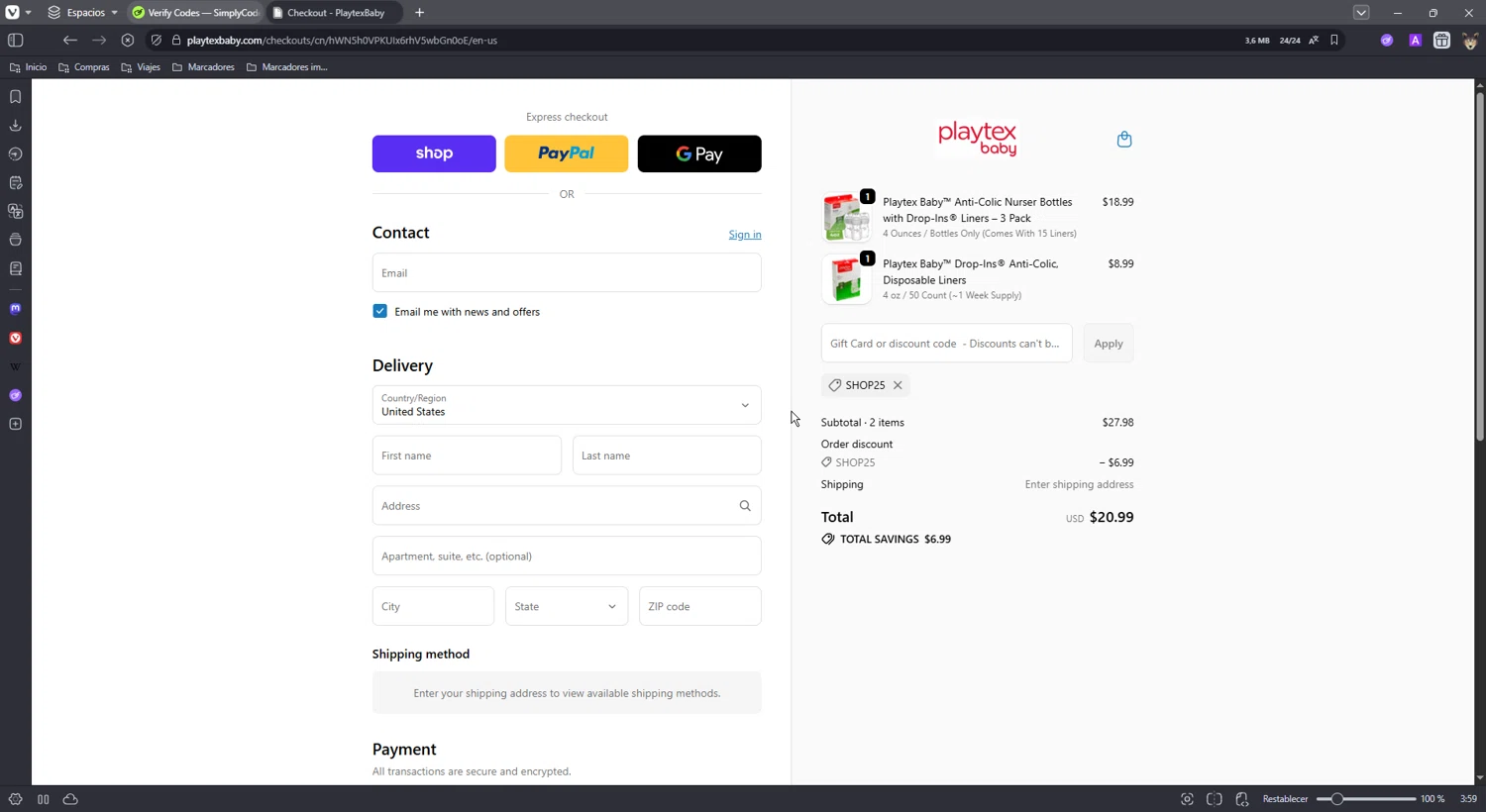 Playtex promo code screenshot showing code SHOP25 applied at Playtex checkout page. Uploaded by SimplyCodes community member CoinMaestro864 on Nov 25, 2025