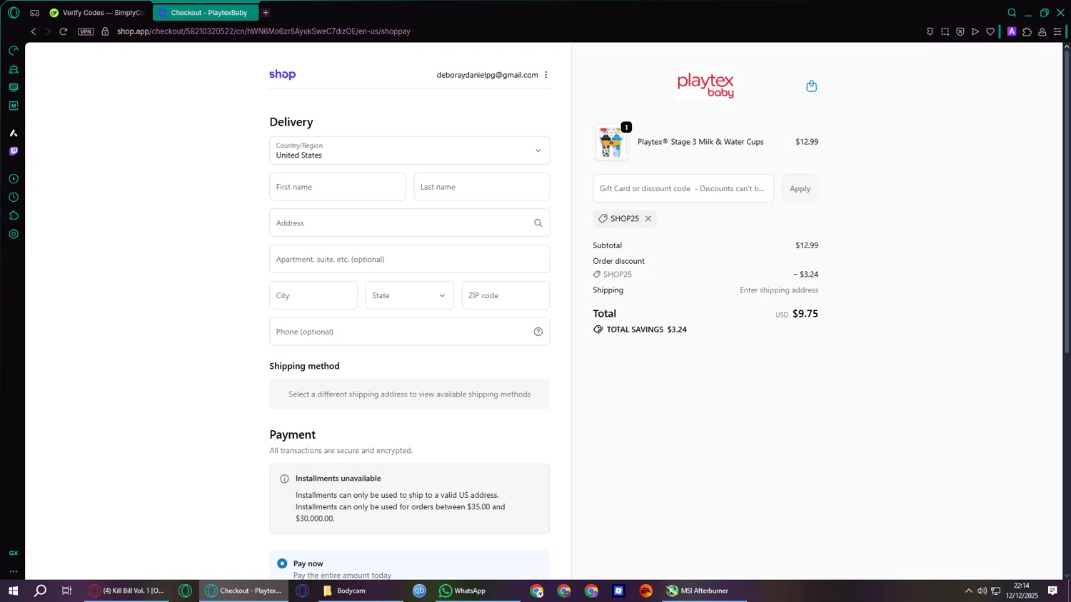 Playtex promo code screenshot showing code SHOP25 applied at Playtex checkout page. Uploaded by SimplyCodes community member noahbronw on Dec 13, 2025