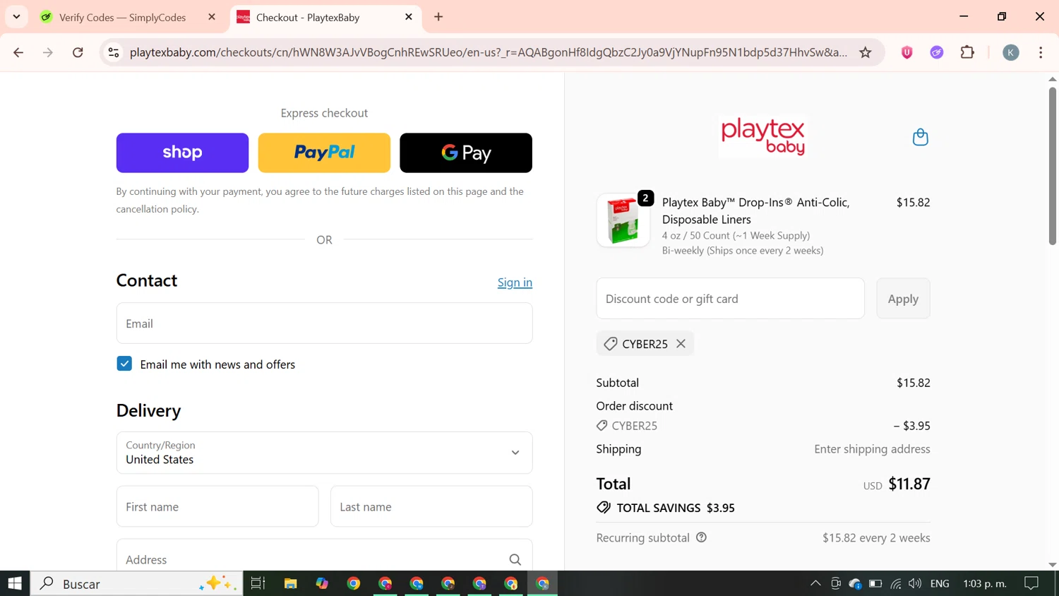 Playtex promo code screenshot showing code CYBER25 applied at Playtex checkout page. Uploaded by SimplyCodes community member SavingsBoss9912 on Feb 7, 2026