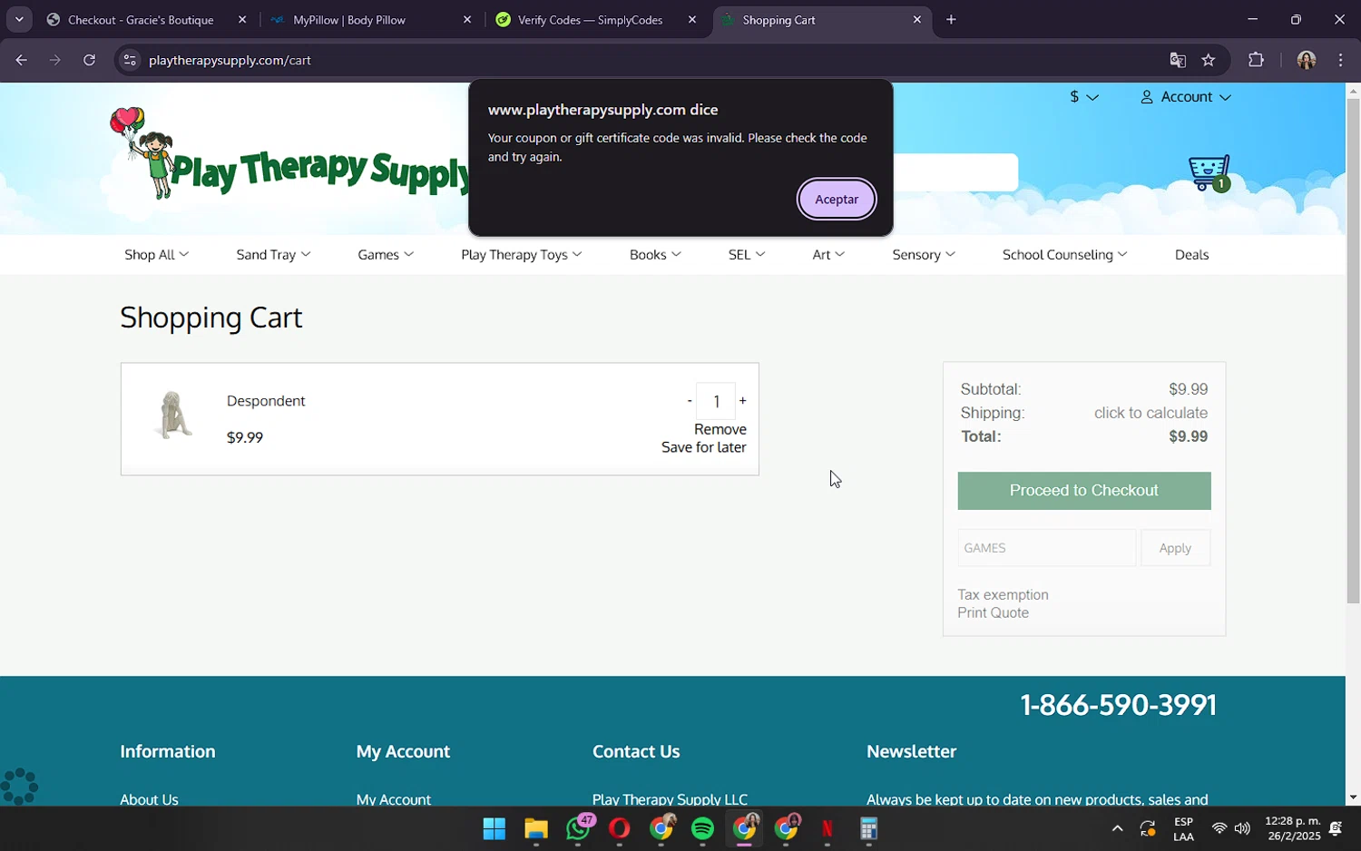 Play Therapy Supply coupon code screenshot showing code GAMES applied at Play Therapy Supply checkout page. Uploaded by SimplyCodes community member OliviaRodrigo on Feb 26, 2025