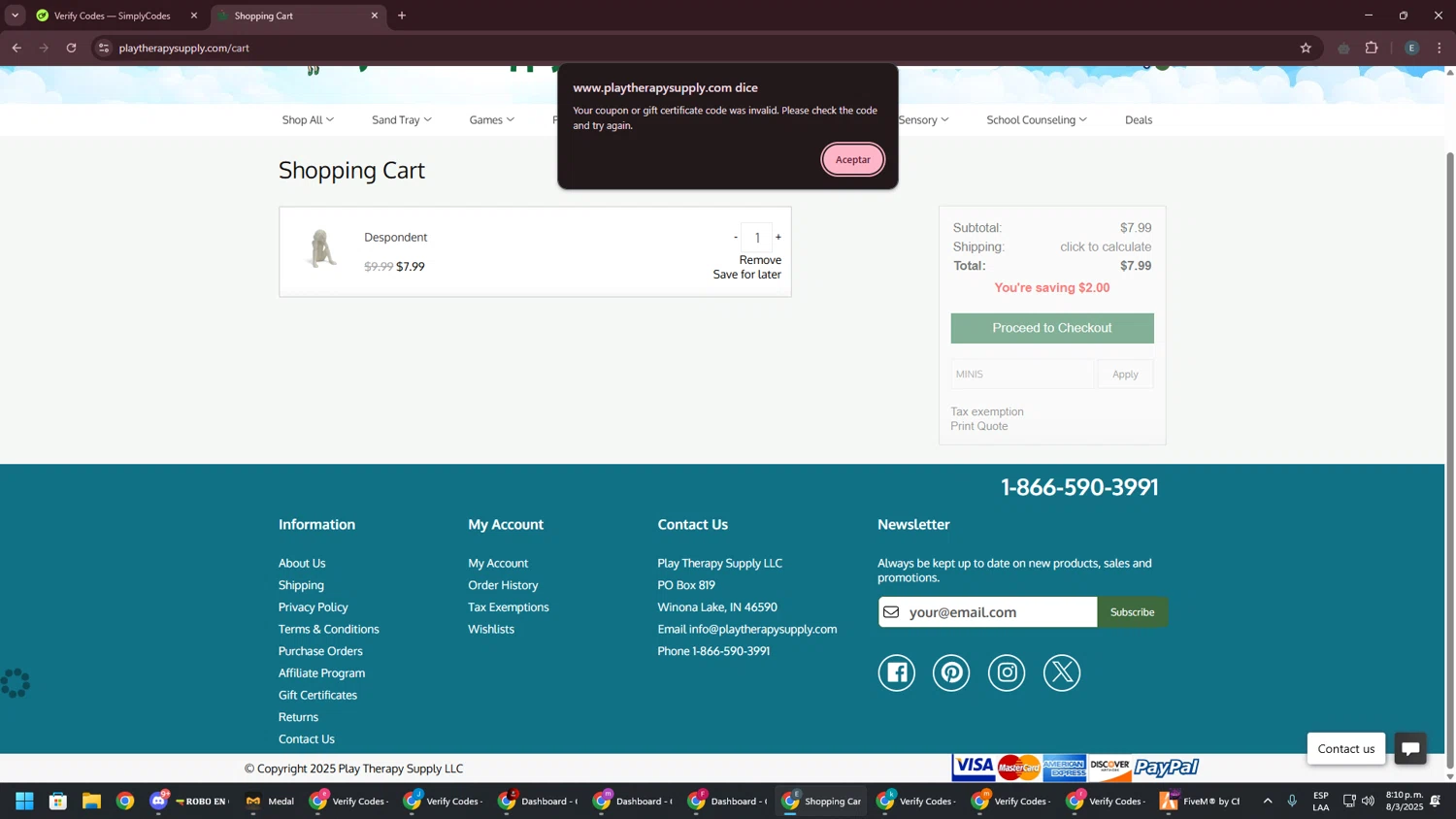 Play Therapy Supply coupon code screenshot showing code MINIS applied at Play Therapy Supply checkout page. Uploaded by SimplyCodes community member GloriousPioneer2942 on Mar 9, 2025