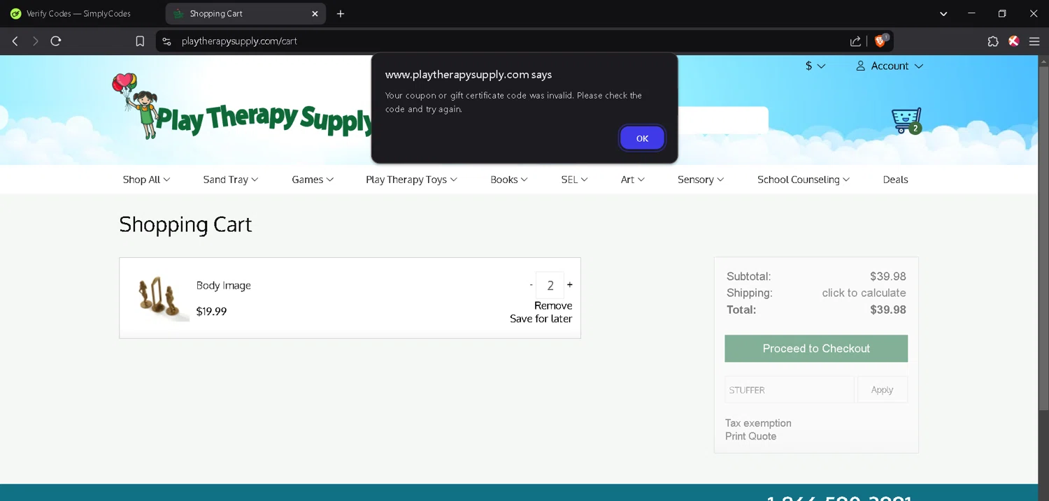Play Therapy Supply coupon code screenshot showing code STUFFER applied at Play Therapy Supply checkout page. Uploaded by SimplyCodes community member JosephStevens774 on Mar 2, 2025
