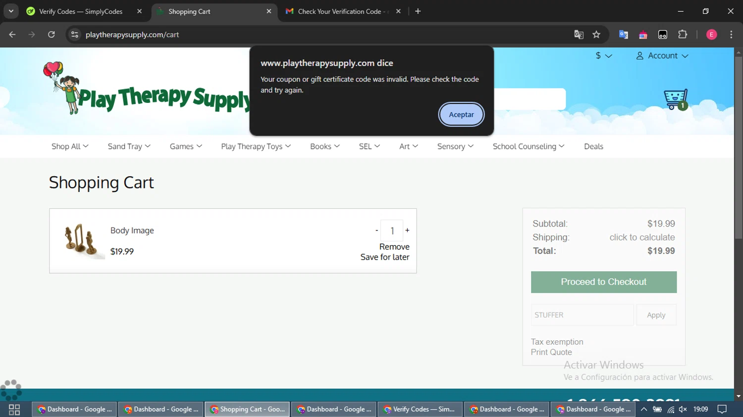 Play Therapy Supply coupon code screenshot showing code STUFFER applied at Play Therapy Supply checkout page. Uploaded by SimplyCodes community member MightyNavigator742 on Jan 12, 2025